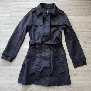 Gap Black Trench Coat Womens Small Button Up Belt Tie Classic